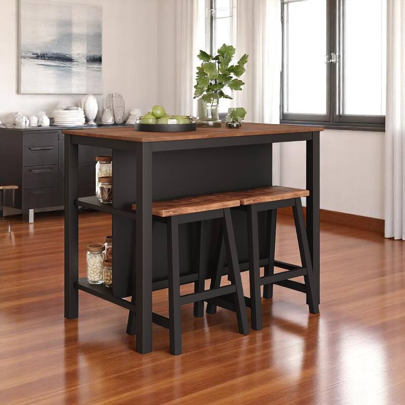 3-Piece Solid Wood 45" Table Set with 2 Stools, Counter Height Dining Set with Open Storage Shelves for Dining Room or Kitchen