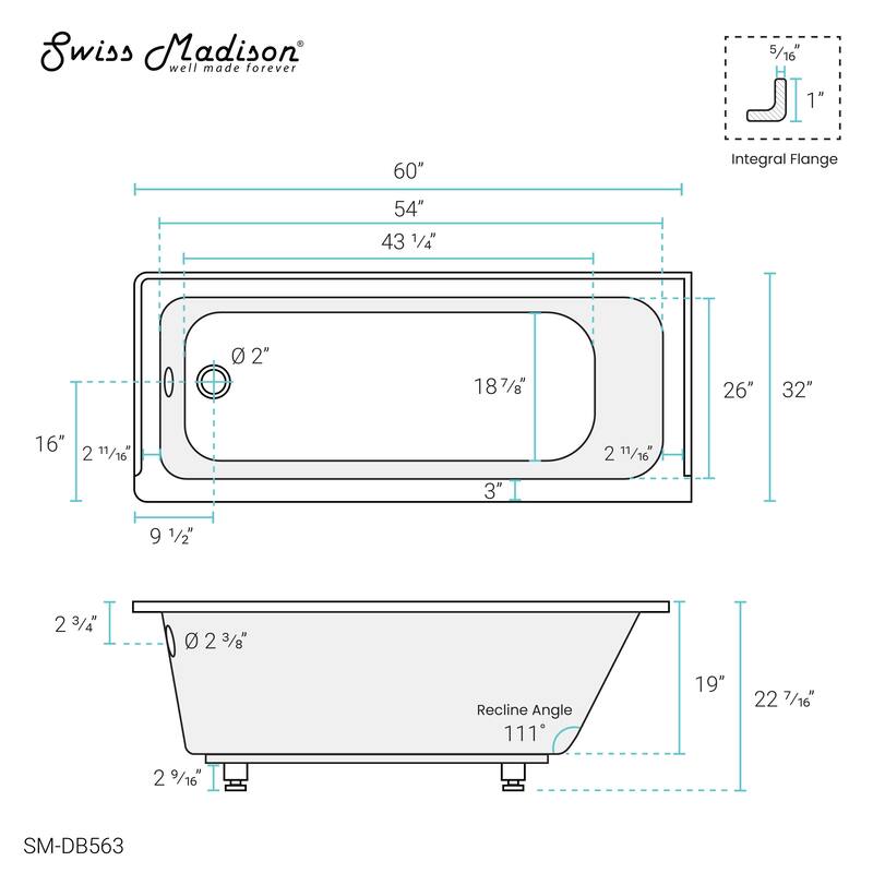 Swiss Madison Voltaire Acrylic Left-Hand Drain with Tile Flange Rectangular Alcove Bathtub