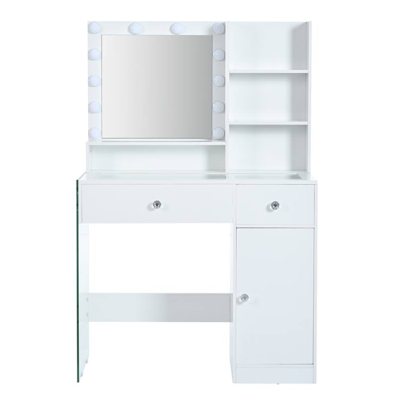 Vanity Desk with Mirror & Lights, Glass Top Dressing Table, Makeup Table with Charging Station, 2 Drawers & Cabinet