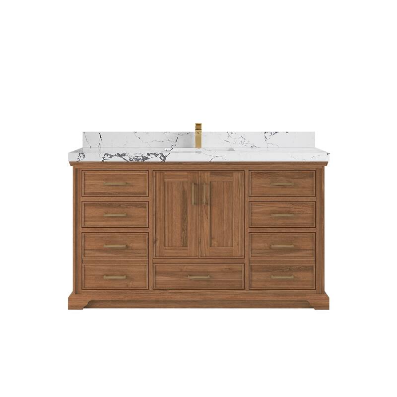 Willow Collections 60 in. W x 22 in. D Charlotte Teak Single Sink Bathroom Solid Teak Vanity with Countertop - 2"Viola Night - Dark Natural