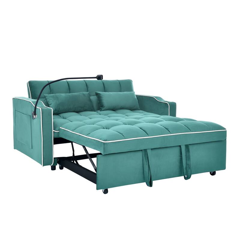 55.51 inch versatile foldable sofa bed in 3 lengths modern sofa velvet pull-out bed, adjustable back USB port swivel phone stand