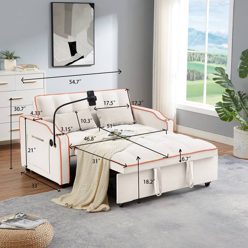 Modern Sofa Velvet Pull-out Bed, Adjustable Back and with USB port