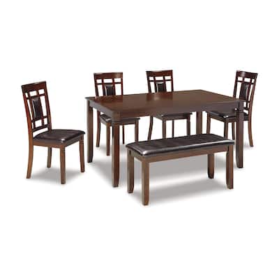 Noxx 6pc Dining Table Set with 4 Chairs 1 Bench, Brown, Faux Leather