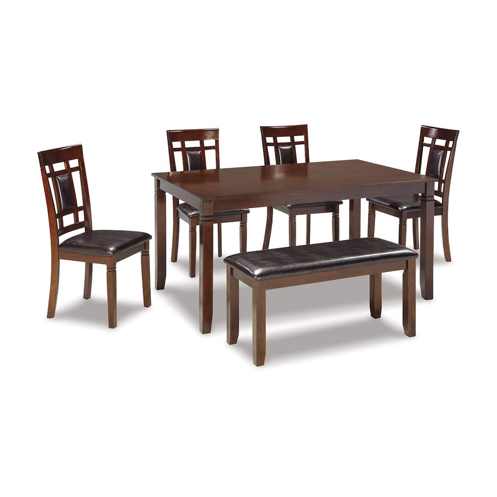 Noxx 6pc Dining Table Set with 4 Chairs 1 Bench, Brown, Faux Leather