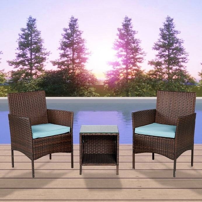 BTEXPERT 2 Glass Brown/Aqua Blue Outdoor Wicker Conversation 3 Piece Bistro Set Garden FurnitureCushions Side Storage Table