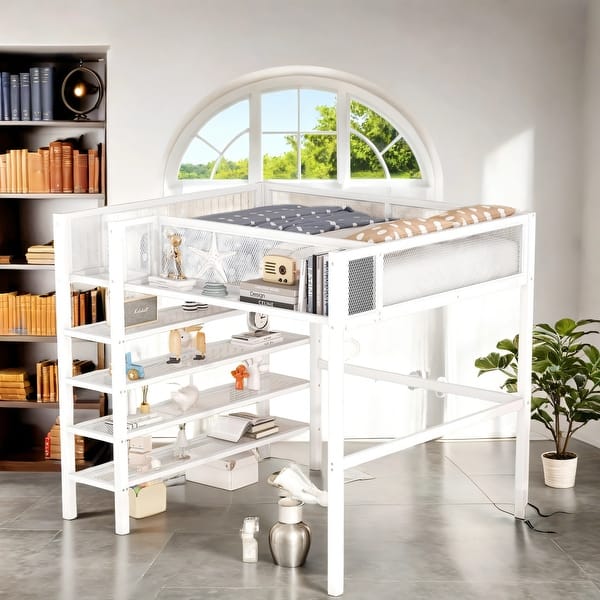 slide 2 of 47, Creative Structure Full Size Metal Loft Bed, 4-Tier Open Shelves White