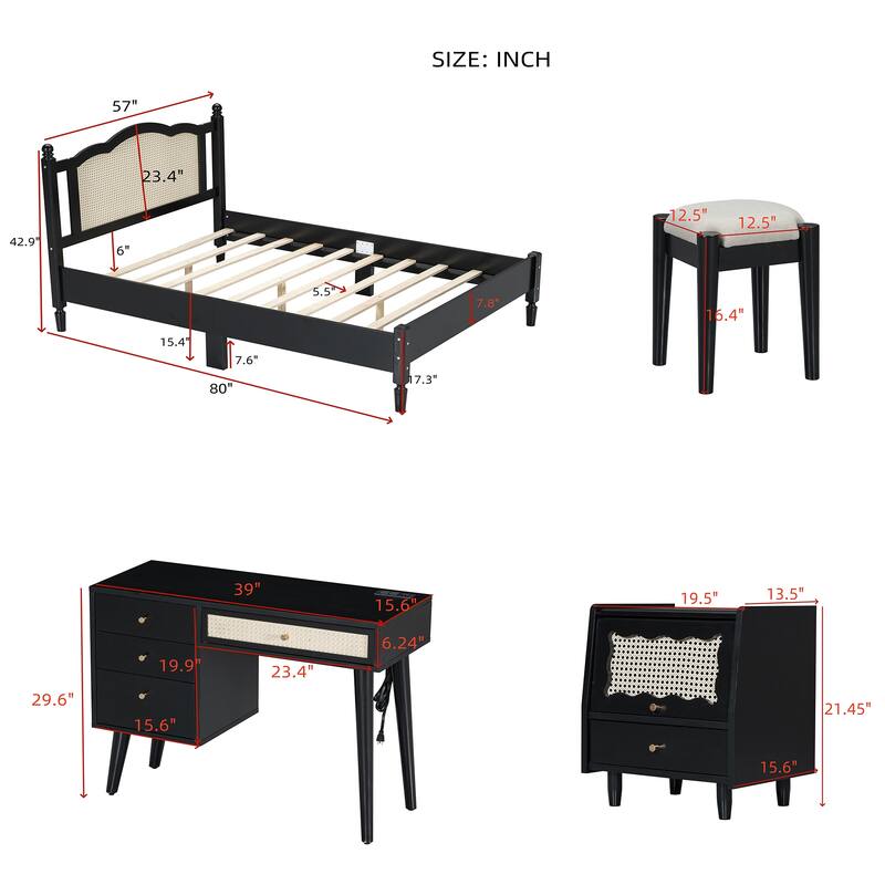 Wooden Platform Bed with Rattan Headboard Curved Wingback Bed Vintage Bed Frame Wood Slat Support Bed with Underbed Storage