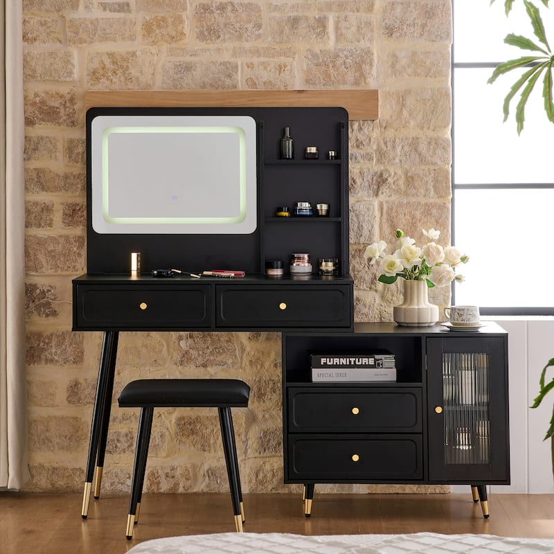 Modern Makeup Vanity Desk with Mirror and Lights, Retractable Dressing Table with Drawers and Cabinet - Black