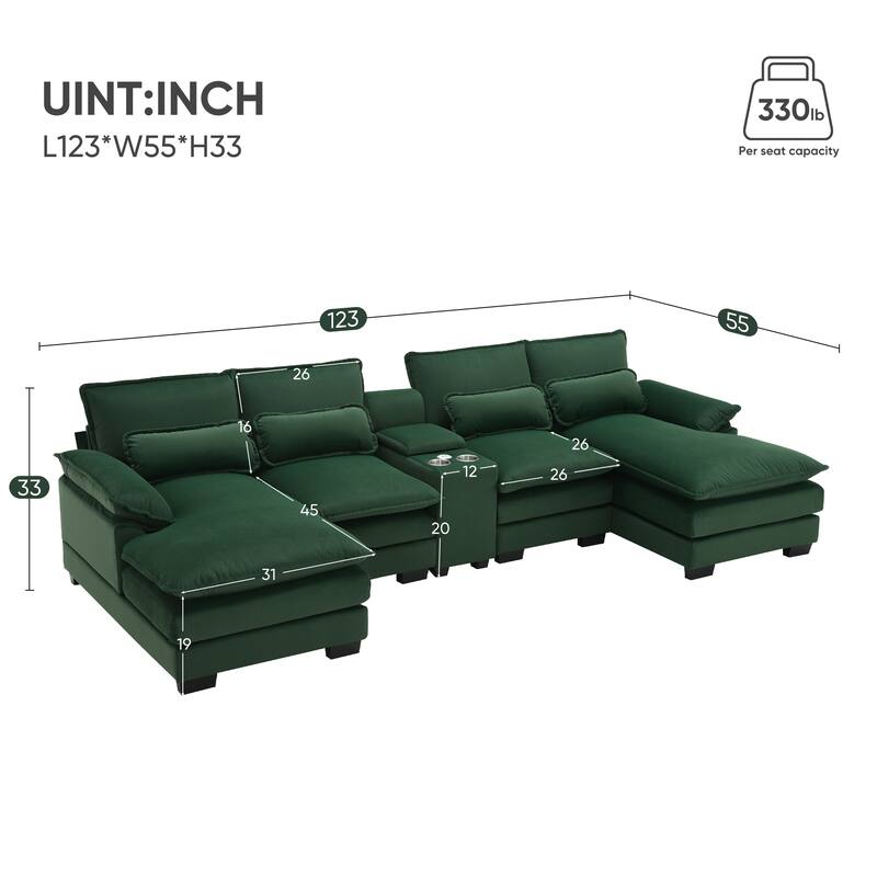 6-Seat U-Shaped Sofa with Console, Cupholders & USB Ports, Chenille Upholstery, 123"