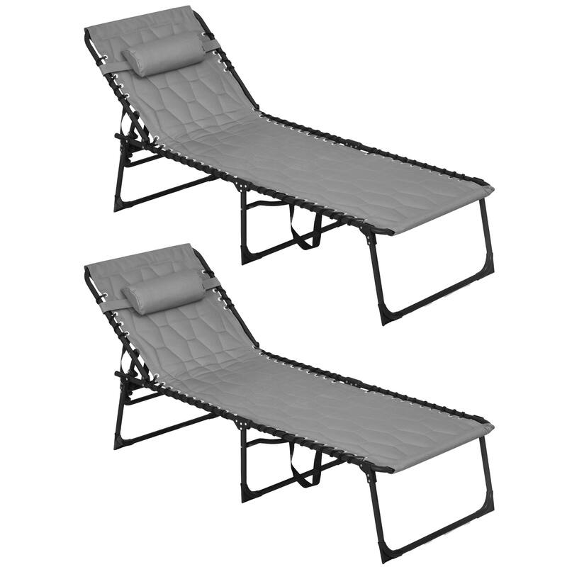 Folding Tanning Chair Set of 2, Outdoor Recliner Lounge Chairs with Pillow, Storage Pocket & Adjustable Backrest