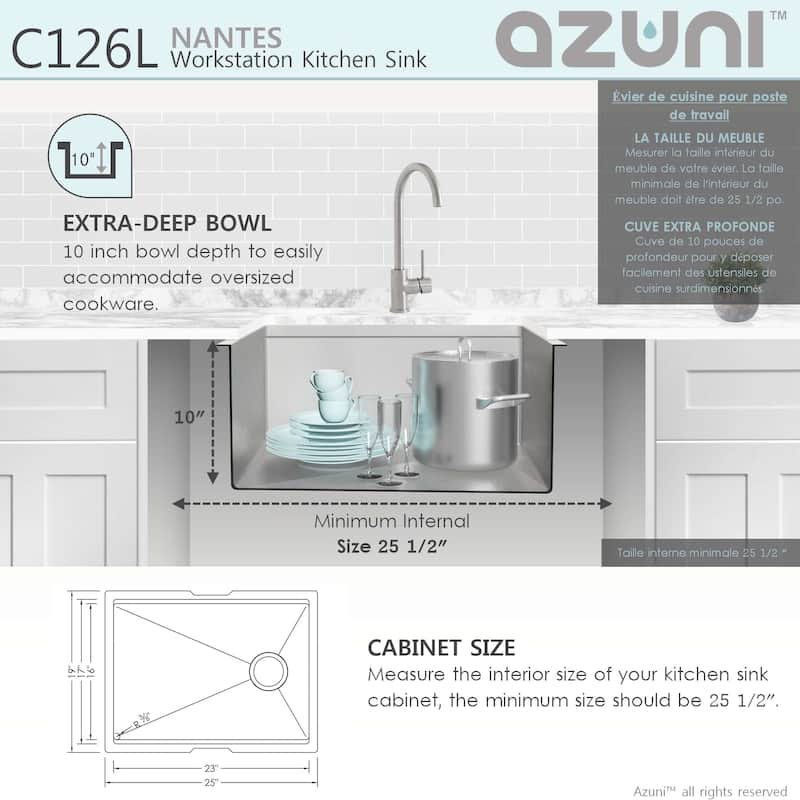 AZUNI 25"L x 19"L Single Bowl Undermount 16G Reversible Workstation Kitchen Sink with accessories C126L - 25" x 19" x 10"