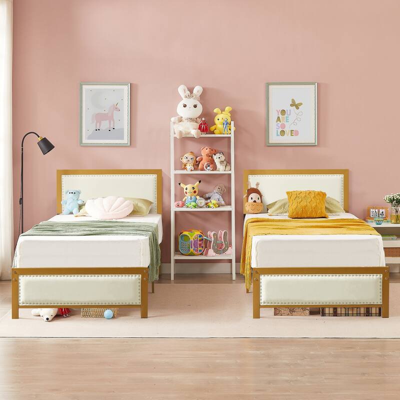 VECELO Upholstered Kids Bed with Headboard,Twin Size Bed Set of 2 - Beige