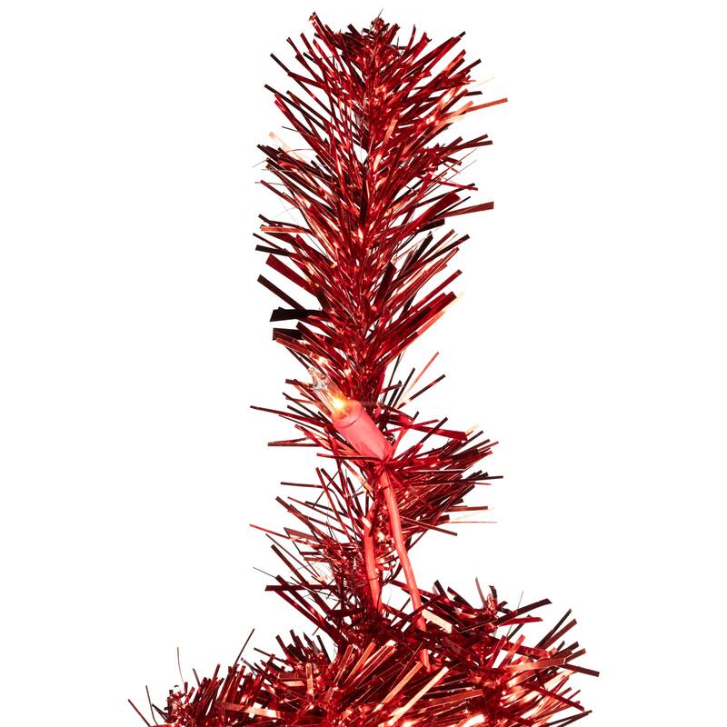 Pre-Lit Artificial Tinsel Christmas Tree - 7' - Red - Clear Lights - 7 Foot