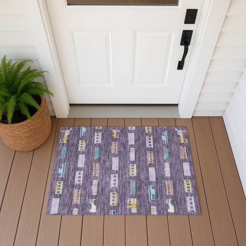 Machine Washable Indoor/ Outdoor Modern Train Chantille Rug - Plum - 1'8" x 2'6"
