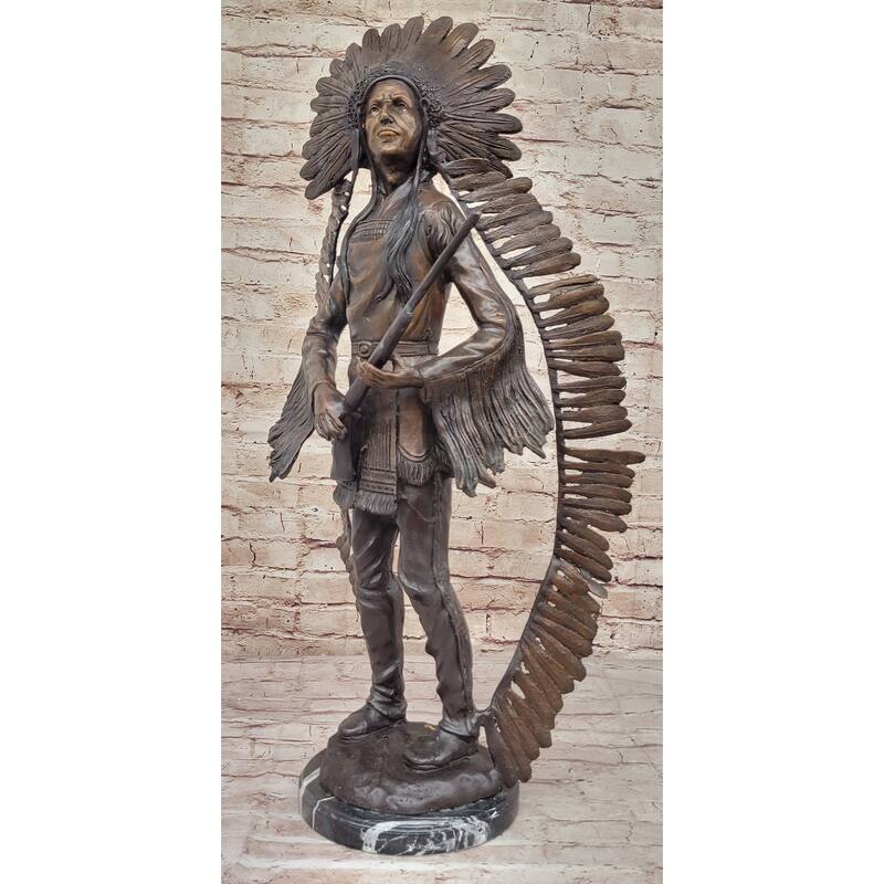Native American Indian Warrior W/ Rifle Bronze Statue Sculpture Western Decor
