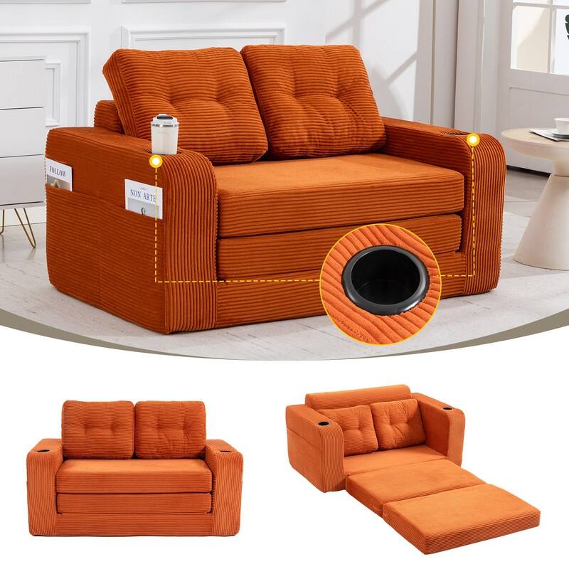 HOMEFUN 2 in 1 Convertible Sofa Bed,Corduroy Upholstered Compressed Sofa Bed for Living Room - Orange