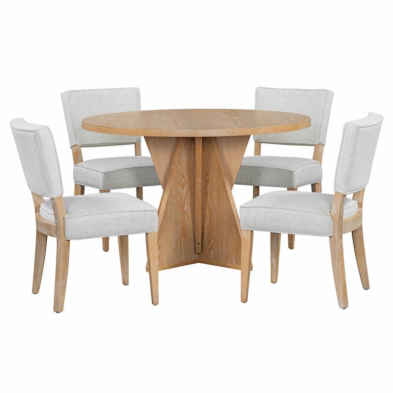 5 Piece Wood Round Dining Table Set with 4 Upholstered Chairs