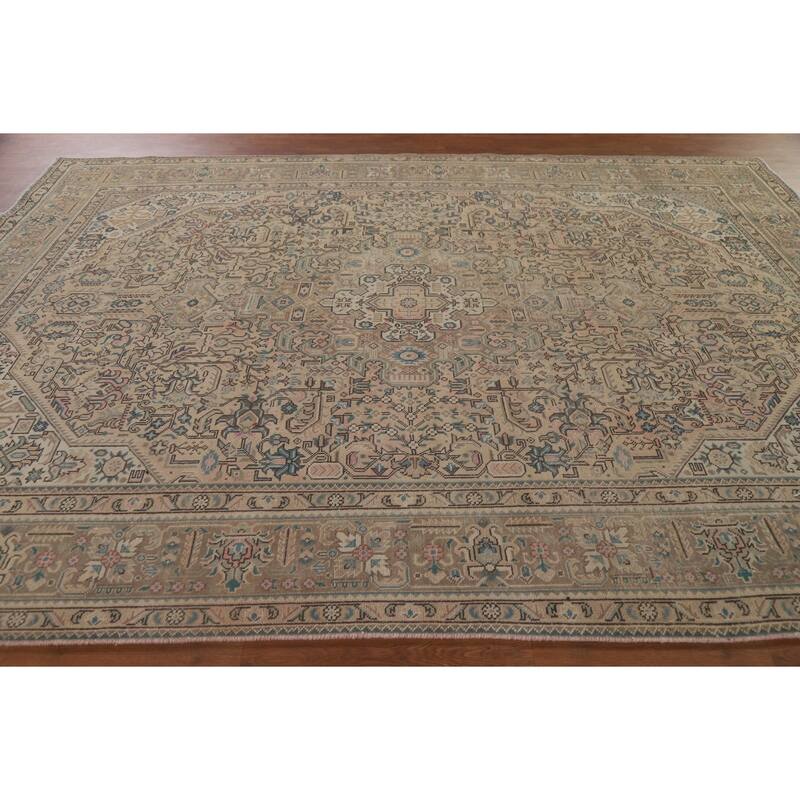Geometric Tabriz Distressed Persian Vintage Rug Handmade Wool Carpet - 7'10" x 10'9"