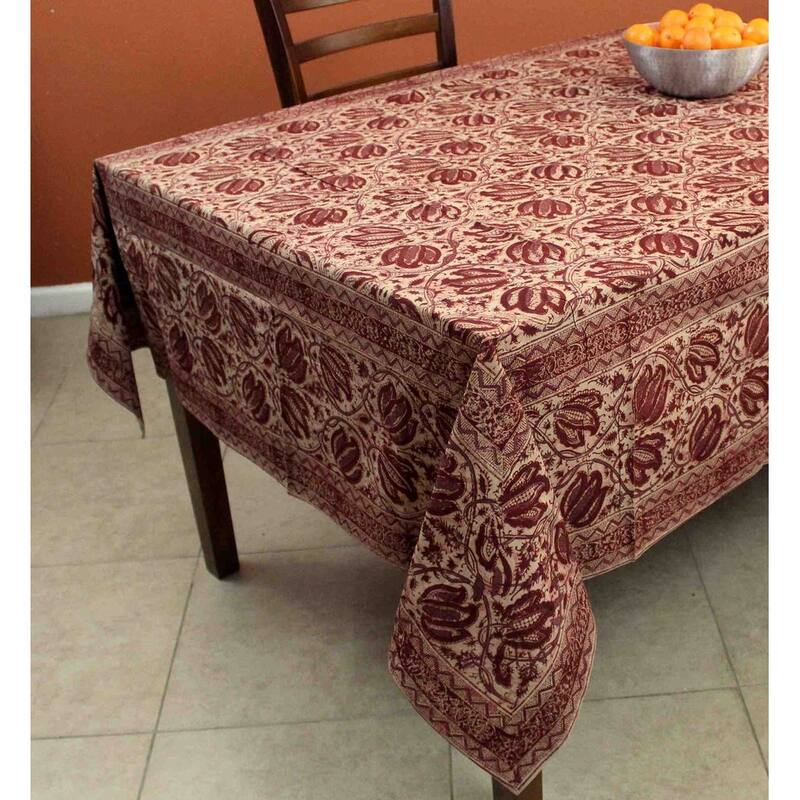 Vegetable Dye Tulip Floral Block Print Tablecloth Collection - 60 x 90 in - Red