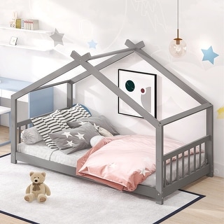 Kids Bed,Twin Size House Bed Wood Bed,Gray