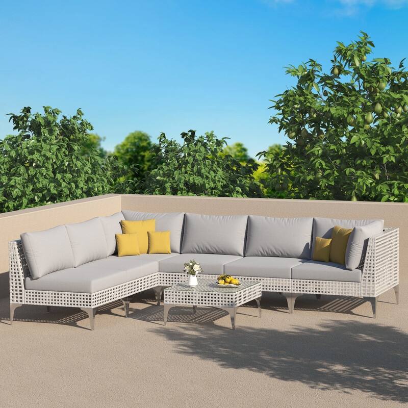 FINCATI Luxury Modern Patio Furniture Set with Side Table, Outdoor Wicker Conversation Set with 500 lbs Oversized Seats - 7 PCS-Light Grey