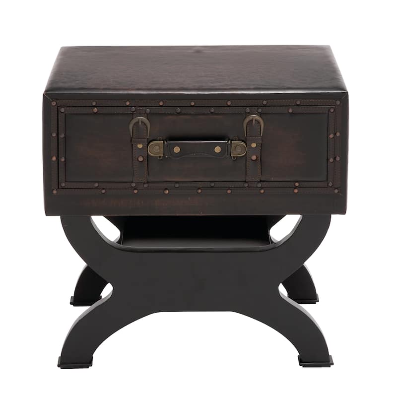 Faux Leather Vintage Style Single Drawer Accent Table with Curved Legs - Brown - Roche River Decor - 16"W x 22"L x 22"H