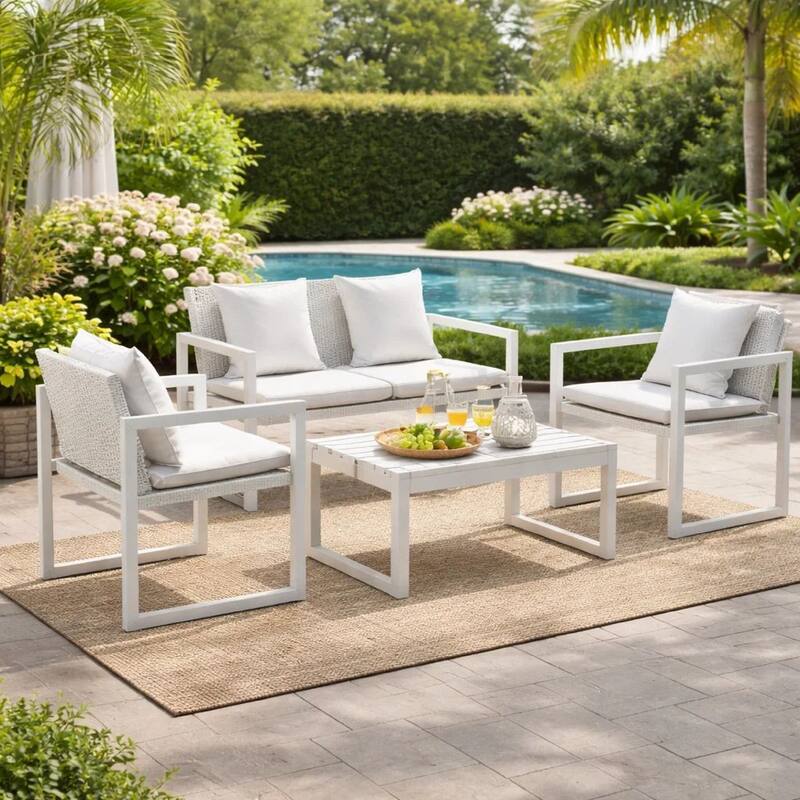 Lark 50 Inch Sofa and Table Set, All Weather Rattan, White Fabric Cushions