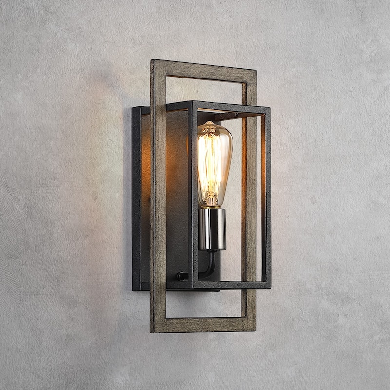 1-Light Black/Wood Tone Dimmable Rustic Farmhouse Wall Sconce - 14.3''H