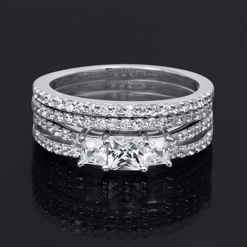 Womens Genuine 1.00 Carat Wedding Band Engagement Ring Set Silver