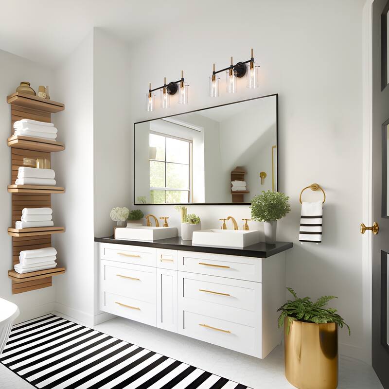 Modern Black Gold Bathroom Vanity Light Dimmable Wall Sconces with Cylinder Clear Glass