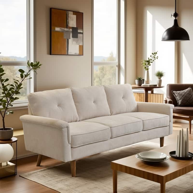 HOOOWOOO Mid-Century 3-Seat Upholstered Sofa with Wood Legs for Living Room - Beige