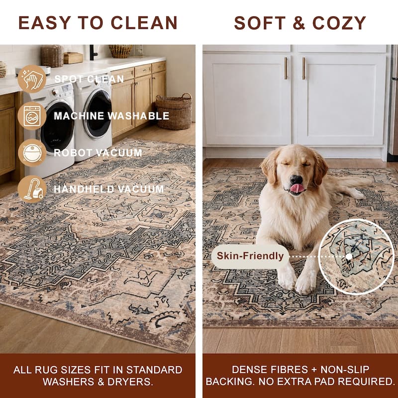 ECARPETGALLERY Esmira Traditional Machine Washable Blue & Beige Area Rug