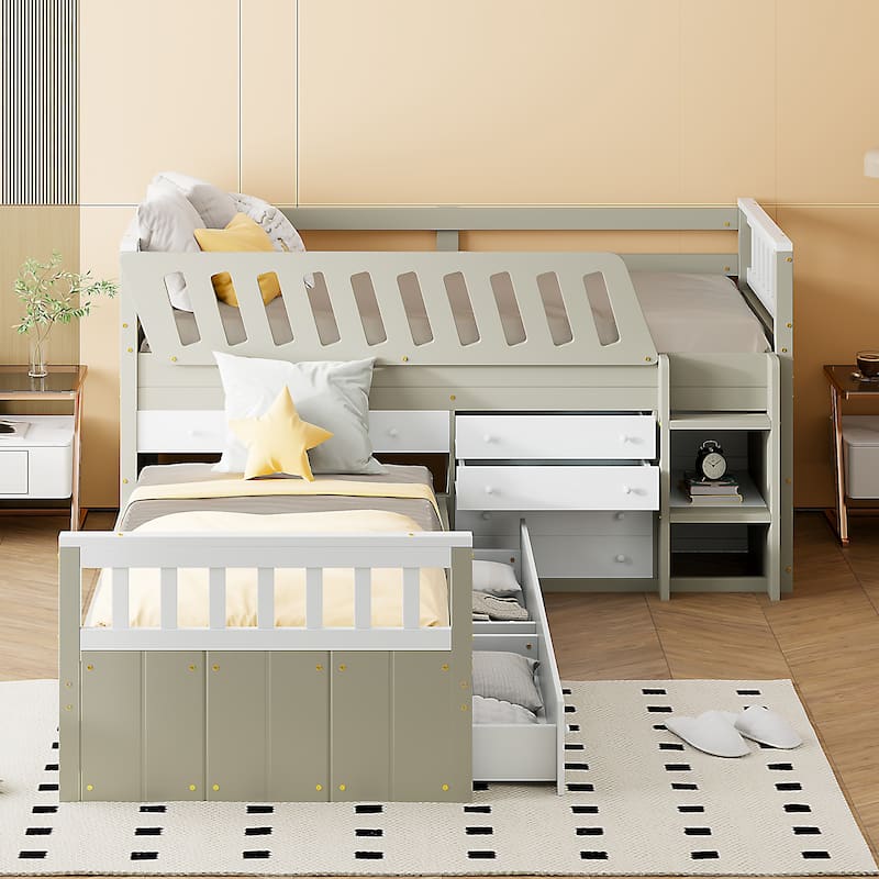 L-shaped Space-Saving Twin Loft and Twin Platform Bed with 7 Drawers and Full Guardrails