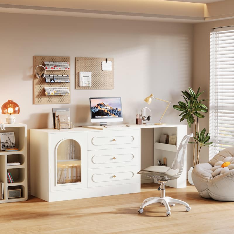 Modern 360° Rotatable Computer Desk, Executive Desk with 3 Drawers