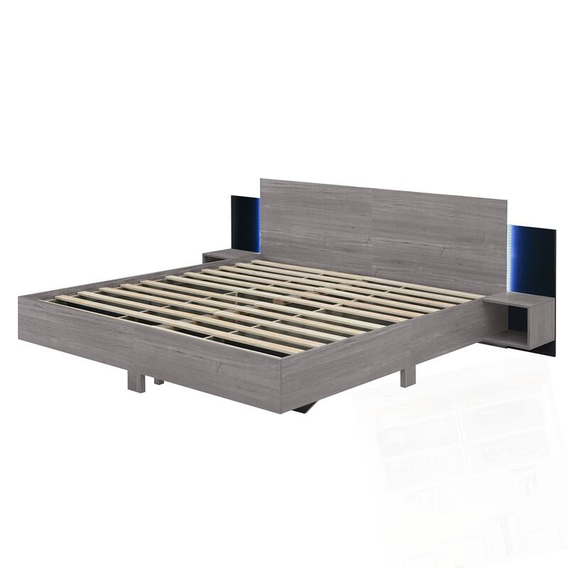 Wooden Floating Platform Bed, with LED Lights and Bedside Nightstand