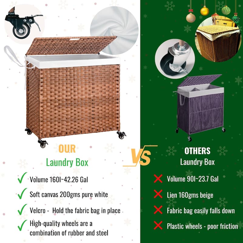 Laundry Hamper with Wheels, 160L Rattan Hampers & 2 Removable Liner Bags, Laundry Basket with Lid - 27"Lx 13.38"W x 26.18"H