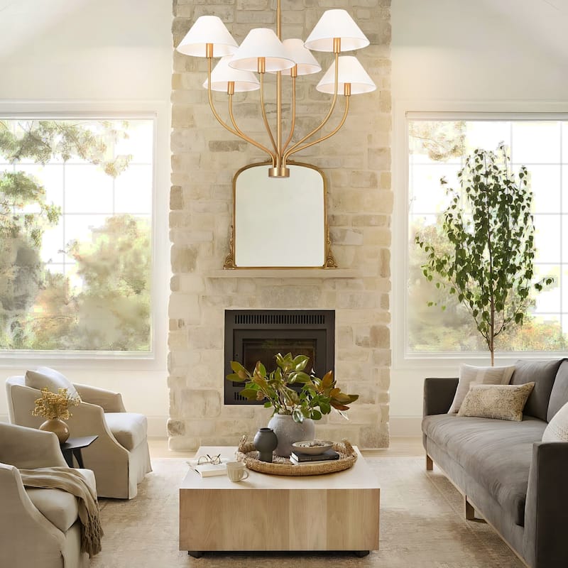 6-Light Modern Gold/Matte Black Sputnik Staggered Large Chandelier with Cone White Fabric Shade