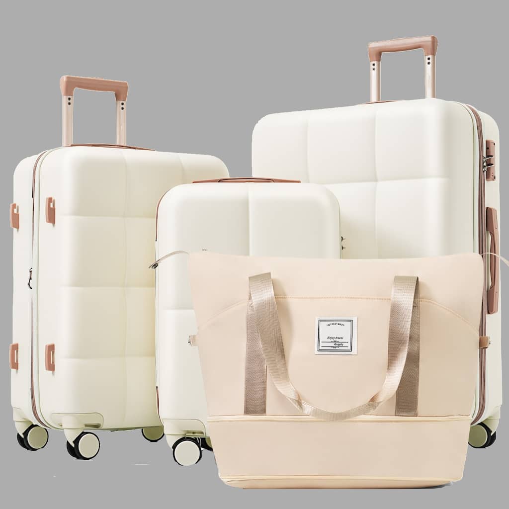 Durable ABS 4-Piece Luggage Set with USB Port, Expandable Suitcases, Spinner Wheels, Cup Holder & Travel Bag