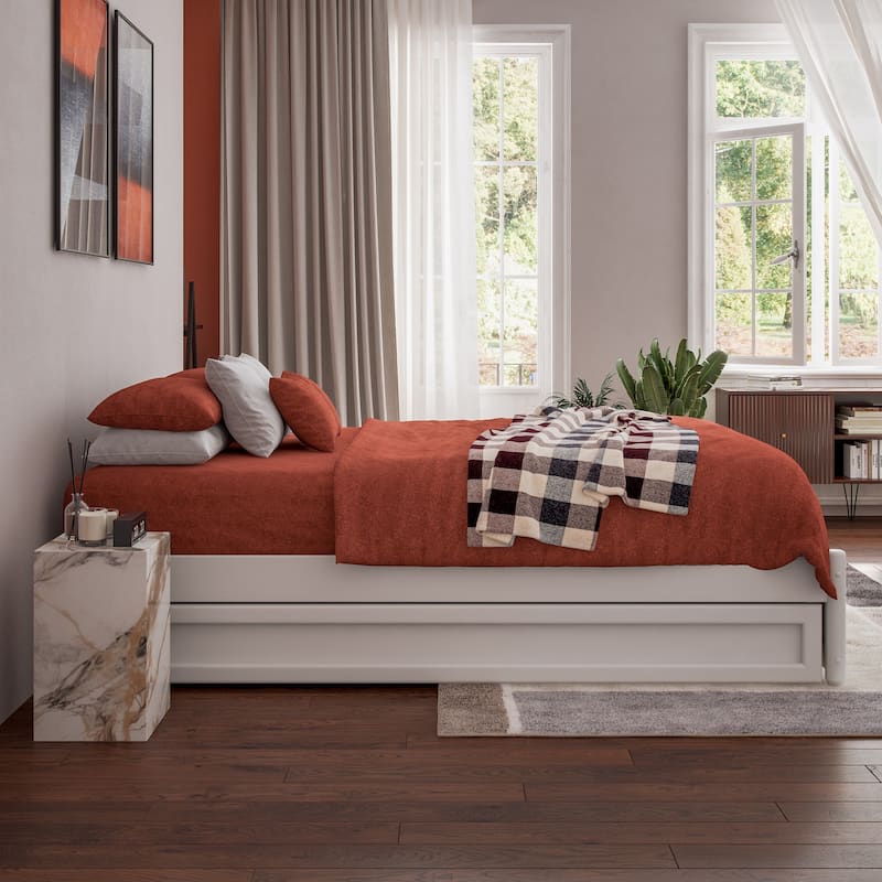 Barcelona Full Panel Platform Bed with Twin Trundle in White
