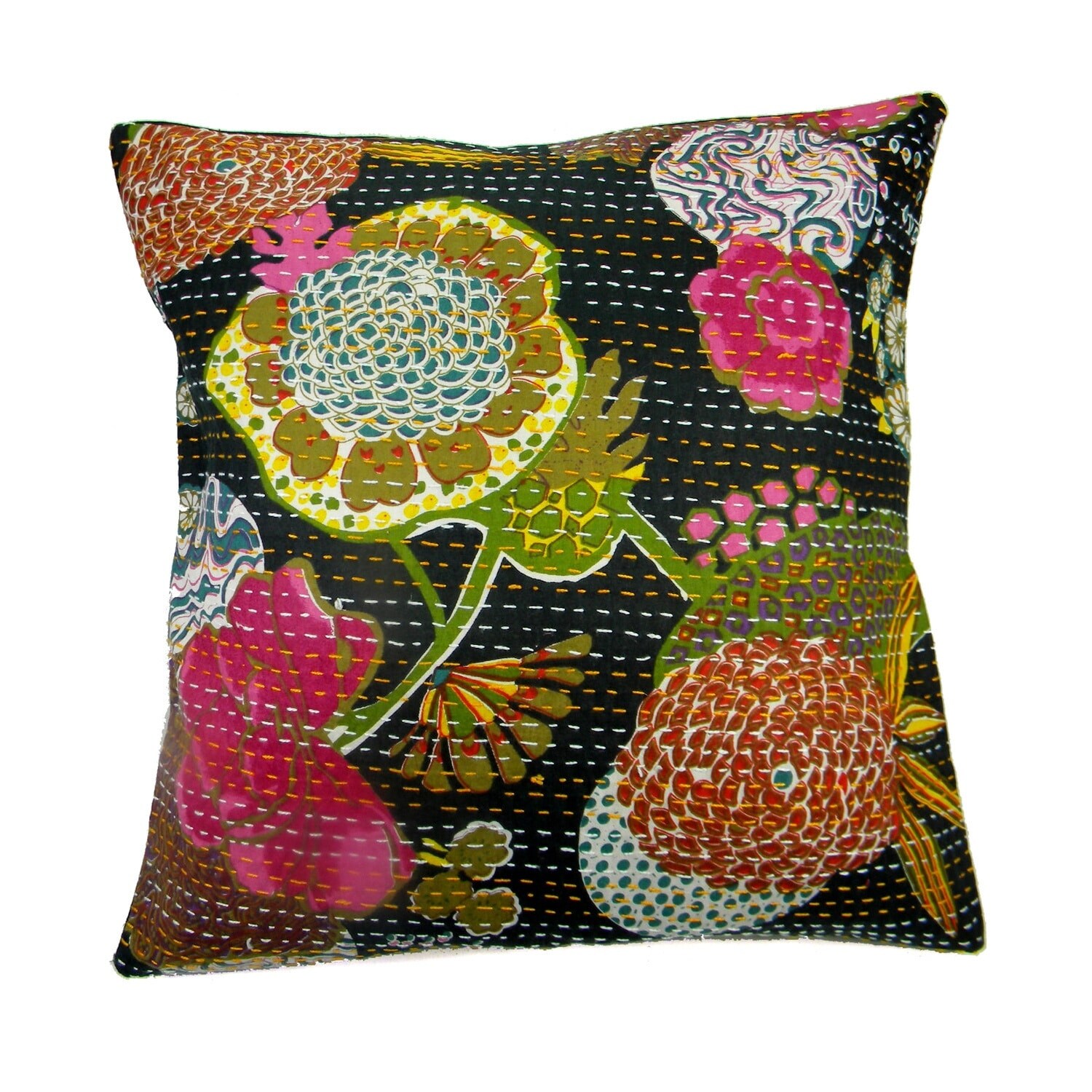 16" Yellow Paisley Pillow Cushion Cover Cotton Kantha Embroidered Throw INDIAN 