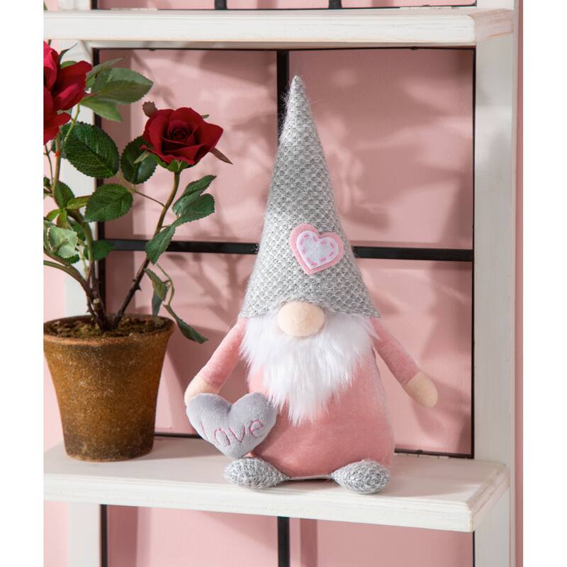 13" Fabric Pink and Grey Gnome with Heart Valentine's Day Table Decor