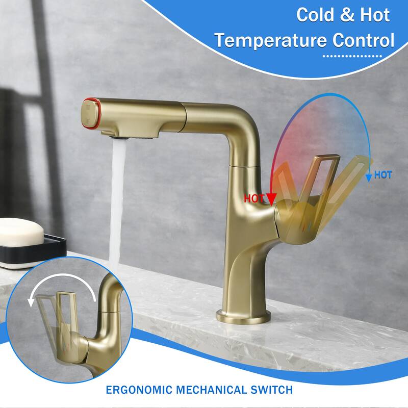 Anmytek Brushed Gold Pull-Down Bathroom Vessel Faucet - Single Hole, Lift Spout & Dual Spray Modes - 8.27 x 2.17 x 12.80 inches