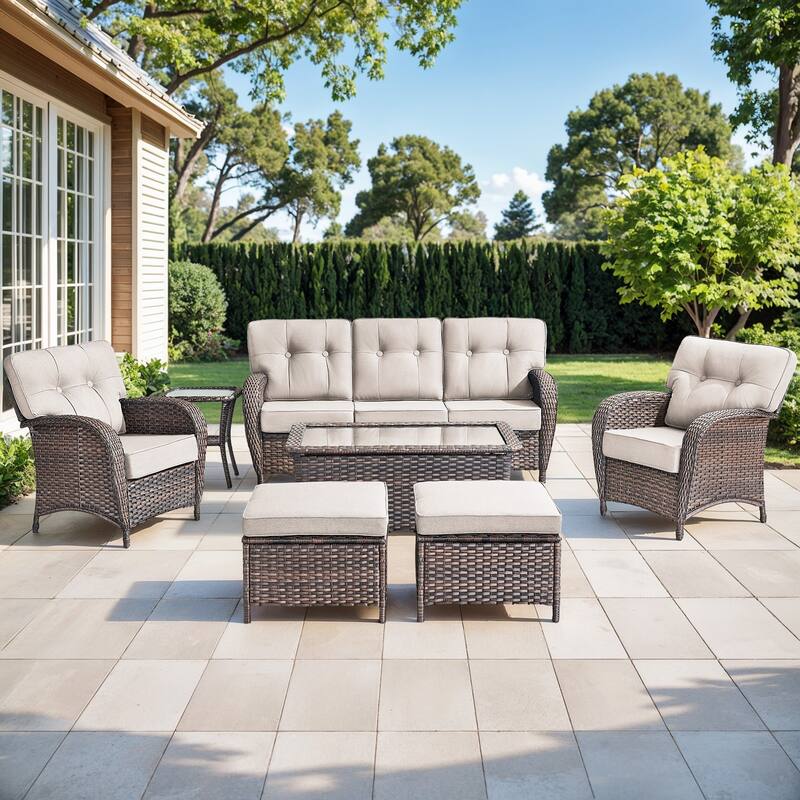 Gymojoy Outdoor Wicker Patio Furniture Set, 5" Thick Cushioned Rattan Conversation Set with Sofa & Chairs - Brown Wicker / Beige Cusion - 7-Piece