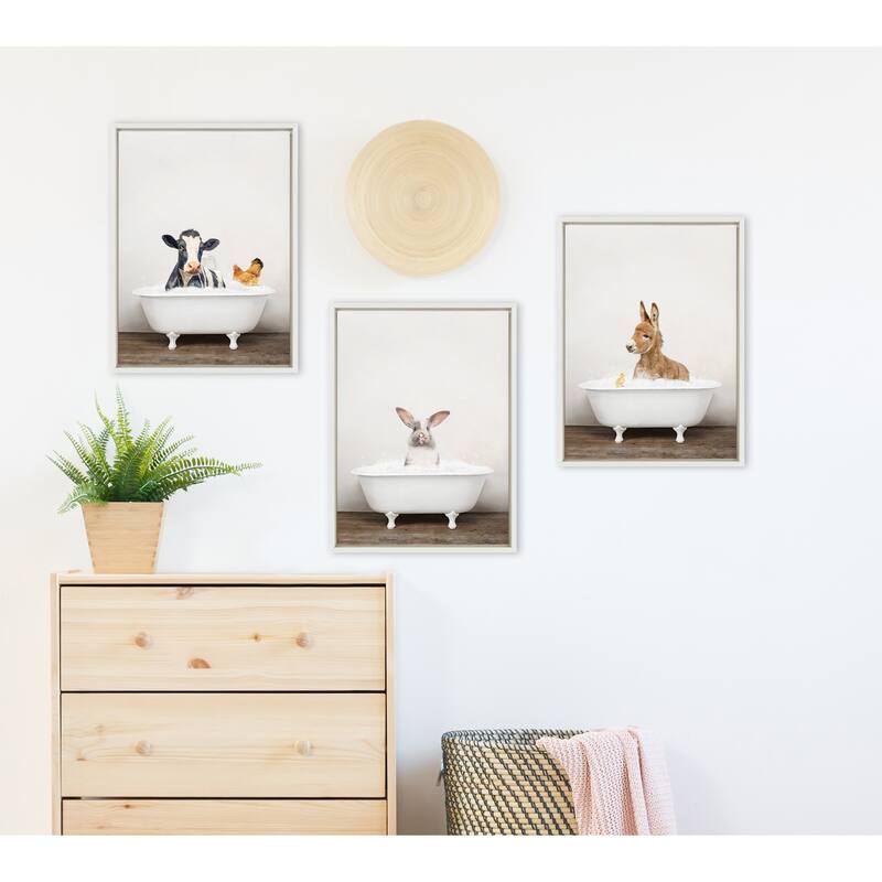 Kate and Laurel Cow Chicken in Bath Framed Canvas by Amy Peterson