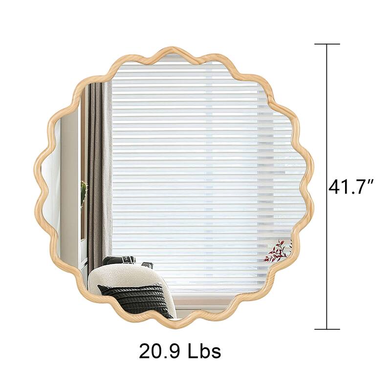 Roomfitters 42" Solid Wood Wavy Mirror, Large Modern Round Wall Decor for Bathroom, Bedroom & Entryway, Natural Wood