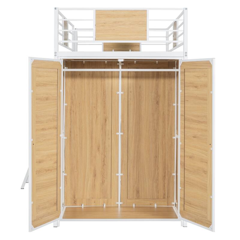 Twin Size Loft Bed with Ladder and L-Shaped Desk, Multifunctional Kids Teens Bed Frame with Storage Shelves and Wardrobe