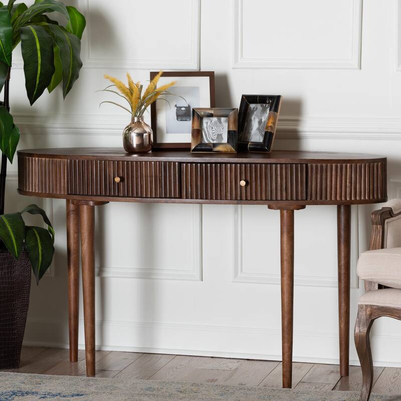 Linore Fluted Wood Console Table - 2-Drawer Oval Accent Table for Living Room or Entryway