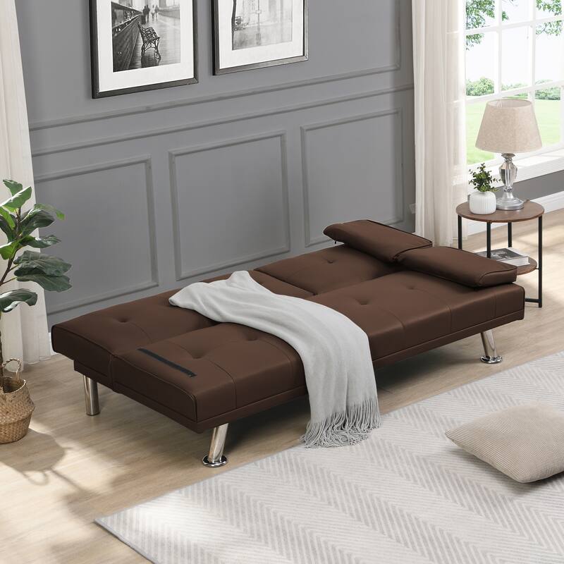 Sofa Bed with Armrests, Wood Frame & Stainless Legs, Futon Style with PVC Upholstery - Brown