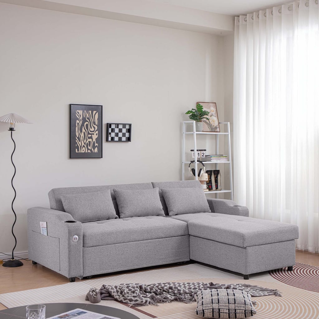 84" 3 in 1 Linen Sleeper with USB Ports and Cup Holders