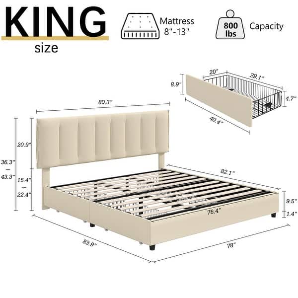 dimension image slide 13 of 17, Javlergo Bed Frame with Storage Drawers Upholstered Platform Bed Frame with Adjustable Headboard